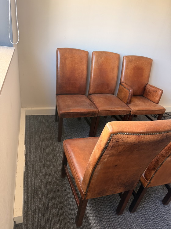 Set 6 Vintage Sheepskin Leather Dining Chairs Cognac (photo 3 of 6)