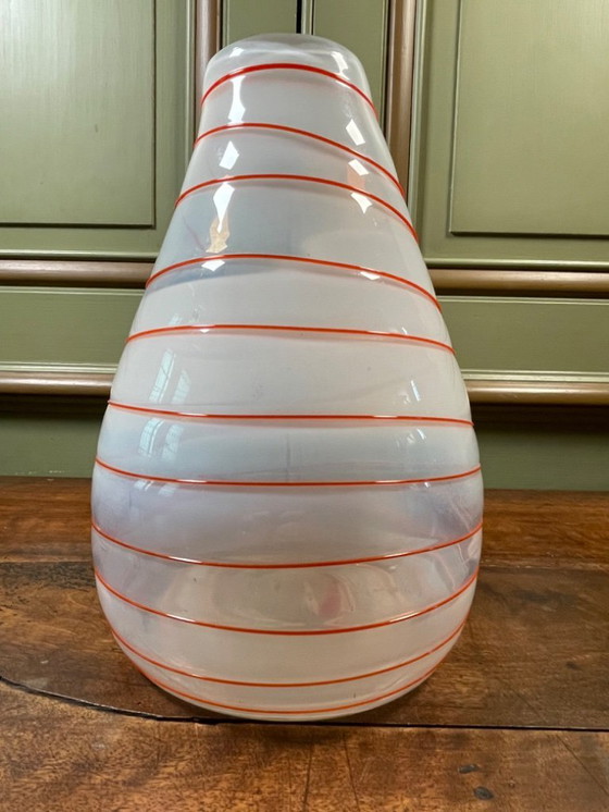 Image 1 of Vintage Italian vase from the 1960s — white opaline glass & red stripes