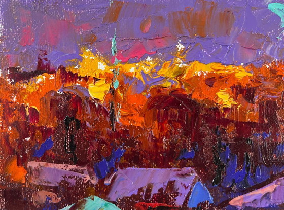 Image 1 of Peinture à l'huile originale représentant un paysage de village nocturne sous la lune