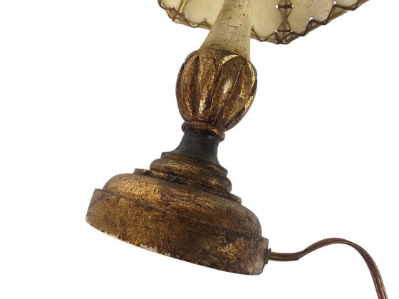 Image 1 of Italian wooden table lamp - gilded - Hollywood Regency style - pigskin handmade lampshade - 70's