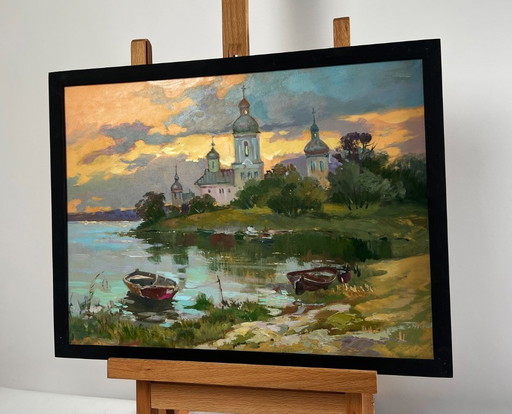 Original Oil Painting Evening Coastal The last rays over the temple