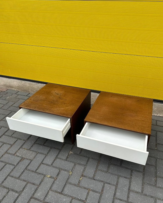 Image 1 of Vintage retro bedside tables / side table - wood veneer & white incl. drawer