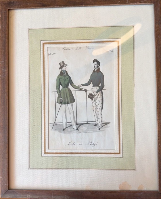 Antieke Handgekleurde Modeprent 1835 – Corriere Delle Dame – Ingelijst – Litho's & Zeefdrukken, Glass, Paper (photo 4 of 5)