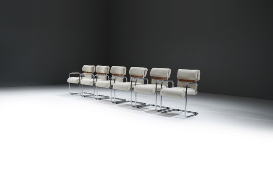 Image 1 of Tucroma Cantilever bouclé eetkamerstoelen van Guido Faleschini voor i4 Mariani