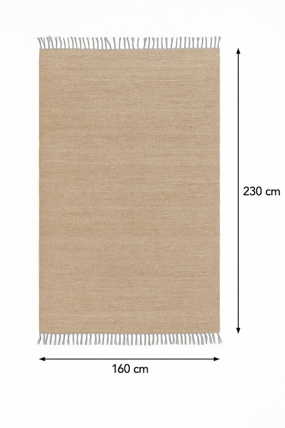 Image 1 of Designer-Teppich 160x230 - Handgefertigt in Ägypten - Ägyptische Wolle - Beige mit grauen Fransen