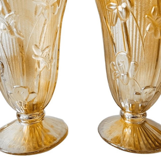 Image 1 of Vintage Paar Jeanette Karnevalsglas-Pfirsichvasen Art Deco 1930er Jahre