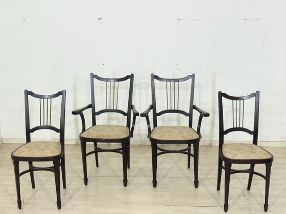 Image 1 of 4 originele Thonet-stoelen uit circa 1900 – Art Nouveau/Weense eetkamerstoelen met messing rugleuningen