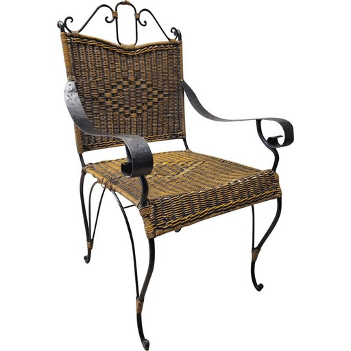 Vintage smeedijzeren en rotan stoel, Frankrijk jaren 70