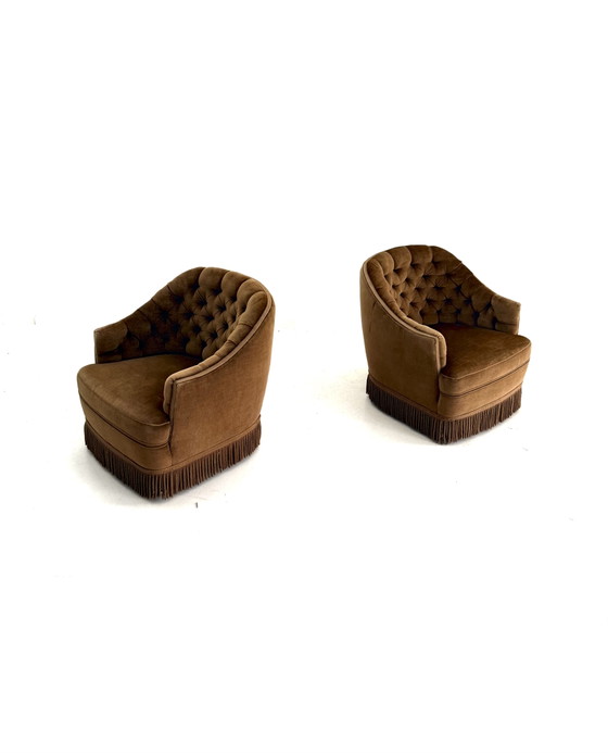 Set Van 2 Vintage Velours Fauteuil, Frankrijk ‘60 – Wood, Textile (photo 10 of 10)