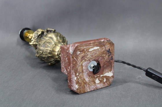 Image 1 of 1940s Restored Brass and marble Table Lamp with Fabric Shade