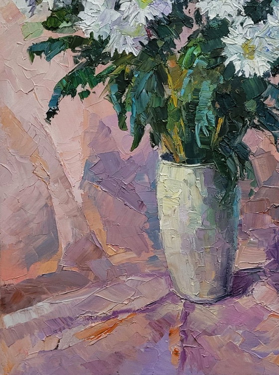 Original Oil Painting Still Life Bouquet of Flowers Chrysanthemum on Pink – Paintings & Drawings, Canvas (photo 6 of 7)