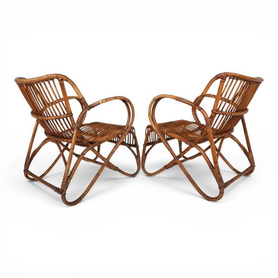 Image 1 of Frans paar vintage loungestoelen van rotan en bamboe, 1960