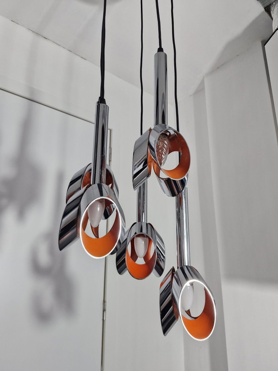Massive Space Age cascade pendant lamp, chrome and orange, 5 light points, Metal, Silver (photo 10 of 15)