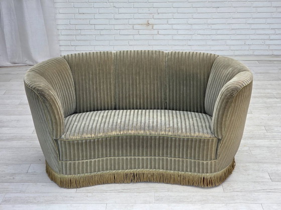 Image 1 of 1970s, Danish 2-seater curved sofa, original furniture velour, beech wood.