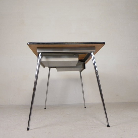 Vintage Formica table, desk with 2 drawers 1950s, Metal, Wood, Yellow (photo 7 of 15)