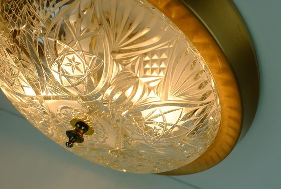 Image 1 of mid century ceiling LAMP flush mount textured glass and aluminum 1970s hollywood regency