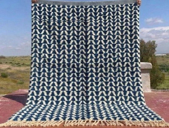 Alfombra bereber marroquí azul y crudo 300x200 cm – patrón geométrico – Lana, Algodón, Bohemian (photo 8 of 9)
