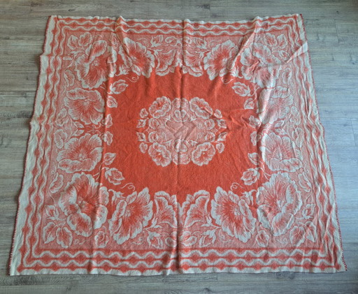 Vintage Wool Floral Plaid - Double Sided - Warm Red with Cream - 174×191 cm