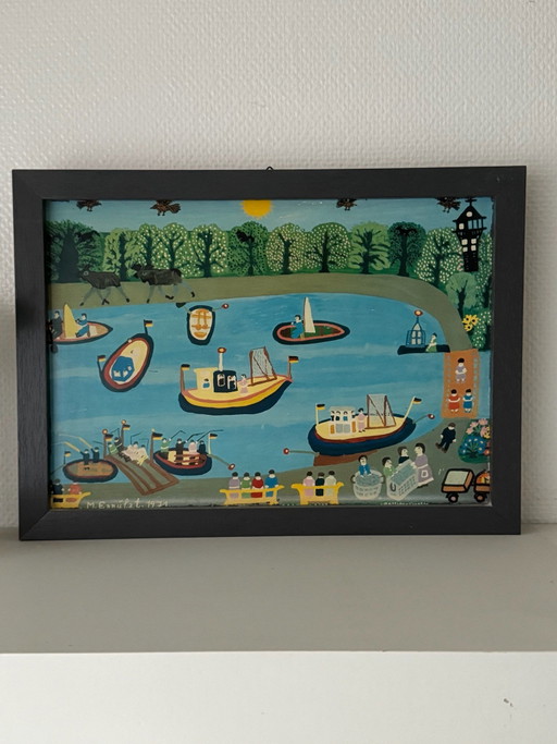 Peinture originale „Scène de port / Bateaux“ de Minna Ennulat (1971) – Art Naïf