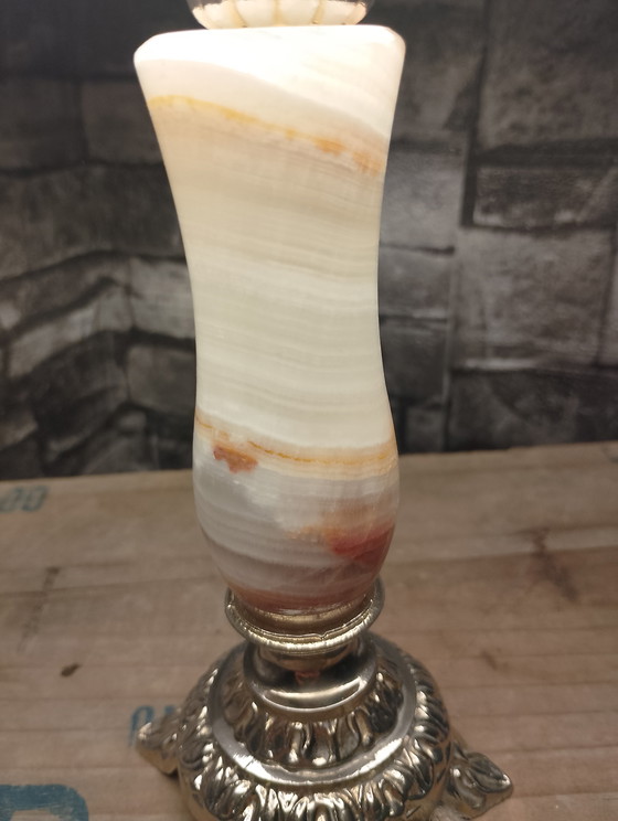 Image 1 of Small vintage lamp in bronze with genuine onyx, anthracite velvet lampshade, fully restored, braided linen cable