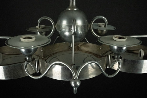 Image 1 of Araña Art Decó italiana de latón niquelado y cristal esmerilado, años 30