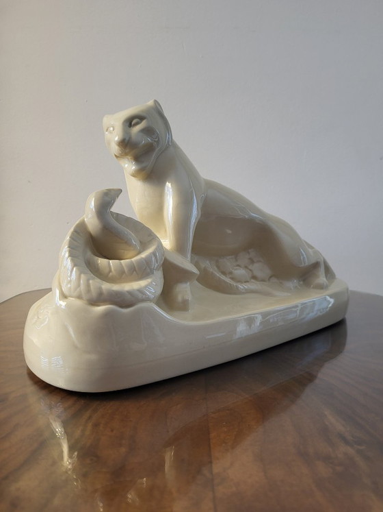 Charles Catteau Boch Frères Art Deco Panter & Slang Keramiek Ca.1930 – Decoratieve objecten, Porcelain (photo 3 of 11)