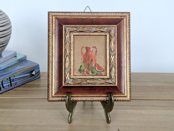 Image 1 of Vintage Still Life Oil Painting, Pottery Jar and Fruit, Florentine Frame