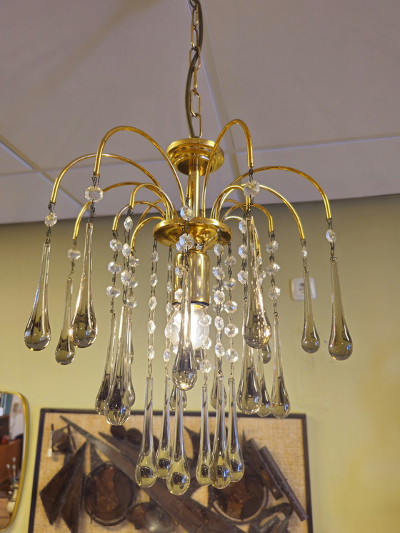 Image 1 of Lampadario a goccia vintage di Murano Lampada a sospensione in ottone fumé