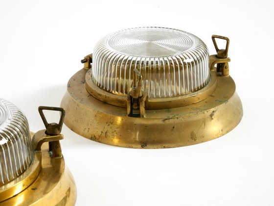 Image 1 of A pair of large, heavy 1950s original maritime ship wall lamps made of brass and glass