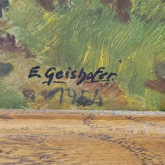 Image 1 of Vintage Oil Painting on Wooden Board | Found in the Attic | Signed by E. Geishofer | Old Church by the Lake | Oak Wood Frame 