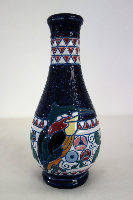 Image 1 of Art-Deco-Keramikvase mit Vogeldekor von Amphora, 1920