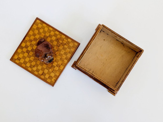 Image 1 of Midcentury Handmade Wooden Trinket Box, Dog Figurine Lid Checkered Pattern, Quirky Decor