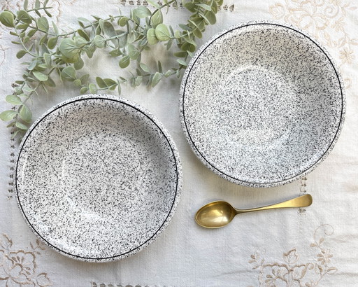 2 Italian Black and White Speckled Faience Deep Plates