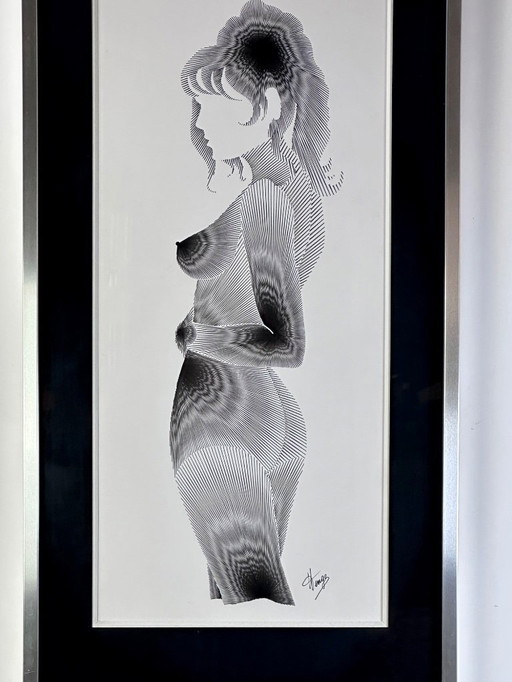 Dessin graphique encadré sous verre "silhouette" signé 1970'S