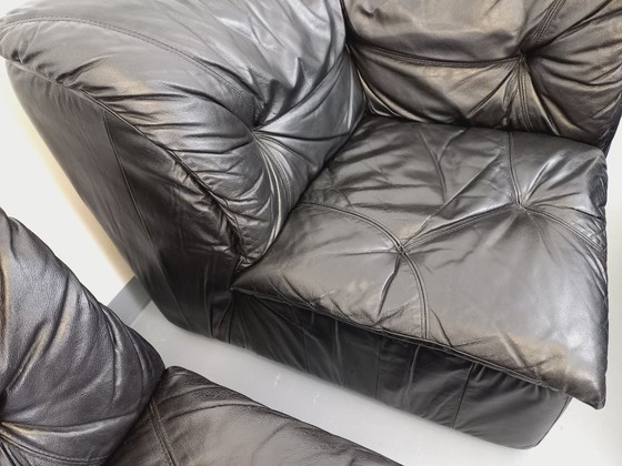 Image 1 of Canapé d’angle vintage composé de 3 modules en cuir noir avec lit intégré des années 70