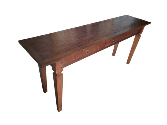 Grande table d'appoint ancienne en teck patiné, console murale, dimensions 180 x 43 cm et 78 cm de hauteur. (photo 3 of 6)