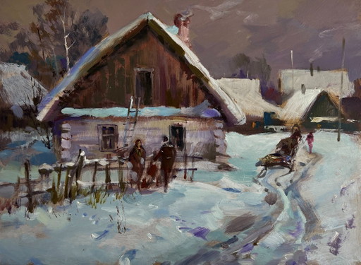 Pintura al óleo original. Paisaje nocturno de casas. Calle invernal concurrida del pueblo.