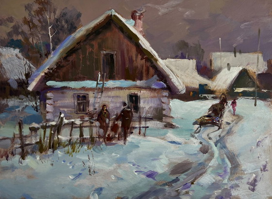 Image 1 of Original Oil Painting Night Houses Landscape Busy winter street of the village