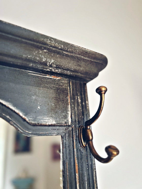 Old entrance coat rack patinated blue-grey with mirror, Vintage charm, Shelving unit, Wood (photo 12 of 15)