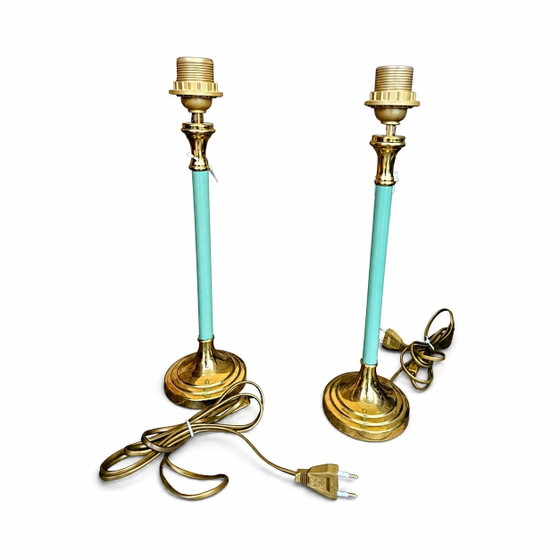 2 x Lampes en laiton et acier bleu de Kullmann / Années 1970 / – Brass (photo 5 of 6)