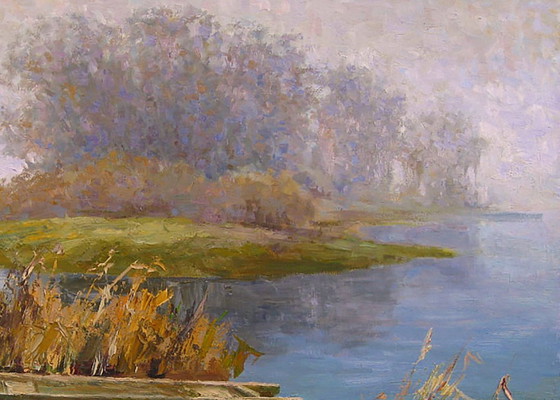 Original Ölgemälde Naturlandschaft Boot Fluss Morgennebel – Gemälde & Zeichnungen, Canvas (photo 5 of 8)