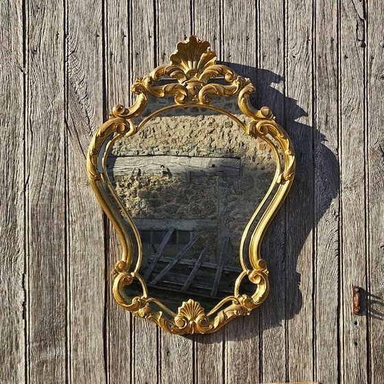 Image 1 of Set di consolle vintage in marmo dorato francese e specchio barocco - stile Luigi XV