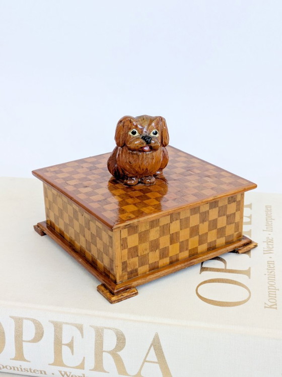 Image 1 of Midcentury Handmade Wooden Trinket Box, Dog Figurine Lid Checkered Pattern, Quirky Decor