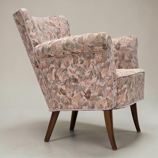Années 60, fauteuil danois, tissu jacquard d'ameublement.