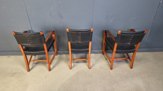 Image 1 of Vintage Spaanse eetkamerstoelen van leer en hout, set van 6 - jaren 70