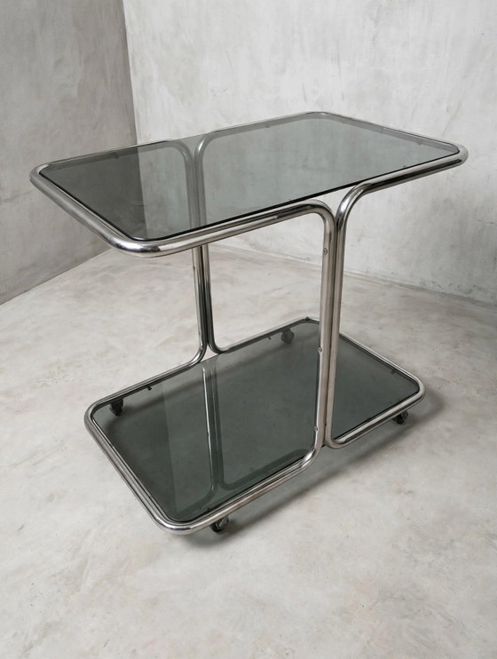 Vintage Side Table Trolley With Smoked Glass and Chrome on Wheels, 1970s - Space Age – Bar carts, Metal (photo 2 of 9)
