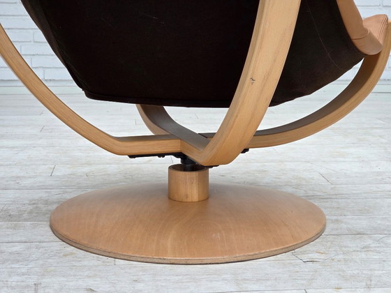 Image 1 of Scandinavische draaibare fauteuil uit de jaren 80, meubelleer, gebogen hout.