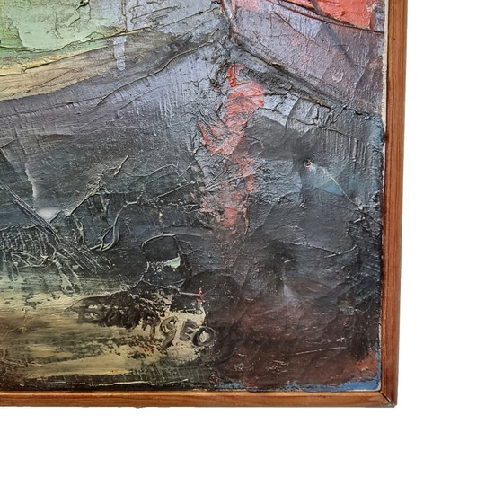 Image 1 of Peinture française vintage avec des bateaux dans le port, années 1950