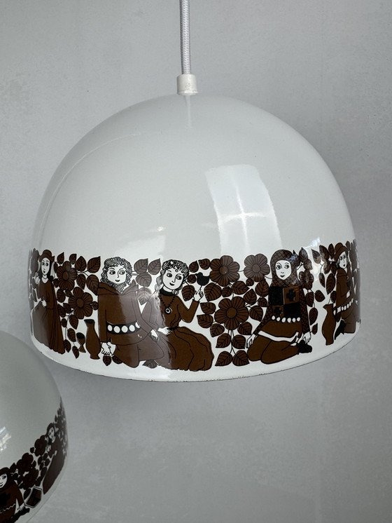 Image 1 of  Set of 2 Enamel Pendant Lamps by Kaj Franck for Fog & Mørup – “Tanssi” Folklore Design cm ⭐️ Designed by Kaj Franck for Fog & M