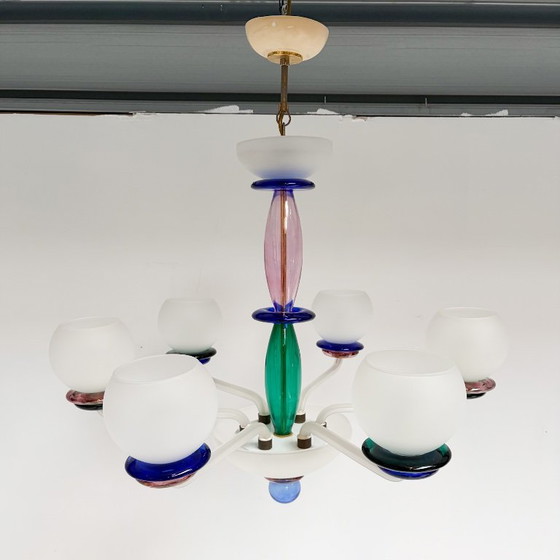 Lampadario italiano in vetro di Murano, anni '60, Metallo, Bianco, Postmodern (foto 9 di 15)